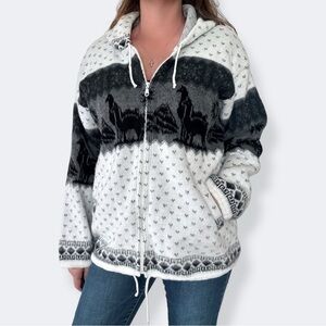 Ecuador Wool Zip Up Hoodie Sweater Llama Andean Aztec Knit Jacket Unisex L/XL
